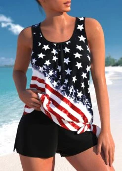 Black Mid Waisted American Flag Print Bowknot Tankini Set
