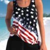 American Flag Print Black Plus Size Tankini Set