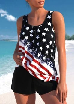 American Flag Print Black Plus Size Tankini Set -Rosewe Promotion Store 331767 P 1681375582514
