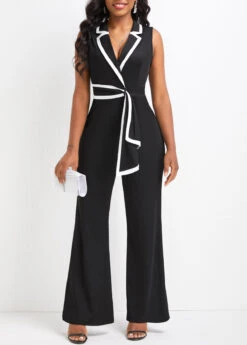 Asymmetry Long Lapel Sleeveless Black Jumpsuit