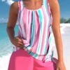 Hot Pink Mid Waisted Multi Stripe Print Tankini Set -Rosewe Promotion Store 331834 P 1681450200216