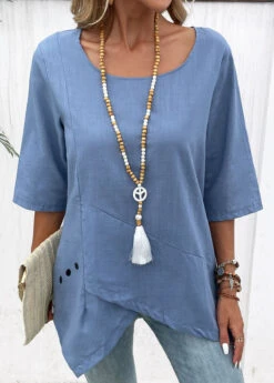 Asymmetry Boat Neck Half Sleeve Dusty Blue Blouse