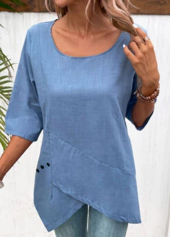 Asymmetry Boat Neck Half Sleeve Dusty Blue Blouse -Rosewe Promotion Store 331844 P 16892111046403