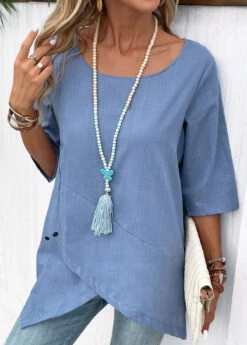 Asymmetry Boat Neck Half Sleeve Dusty Blue Blouse -Rosewe Promotion Store 331844 P 16892111049662