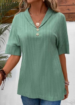 Turn Down Collar Button Sage Green Blouse -Rosewe Promotion Store 331869 P 16854384734014