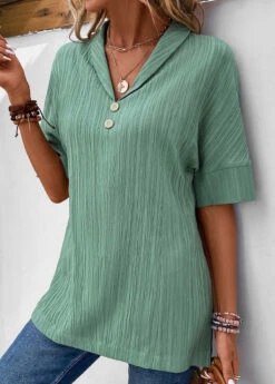 Turn Down Collar Button Sage Green Blouse