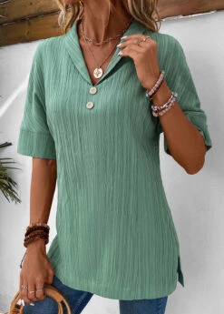 Turn Down Collar Button Sage Green Blouse -Rosewe Promotion Store 331869 P 16854384734902