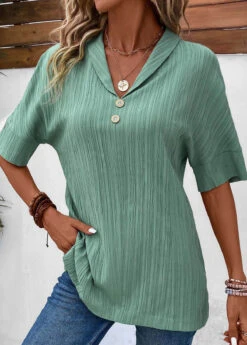 Turn Down Collar Button Sage Green Blouse -Rosewe Promotion Store 331869 P 16854384738593