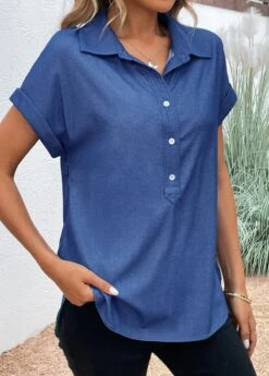 Button Shirt Collar Short Sleeve Denim Blue Blouse -Rosewe Promotion Store 331875 P 16851007942452
