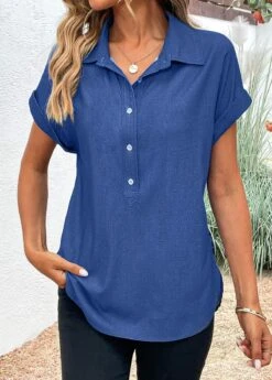 Button Shirt Collar Short Sleeve Denim Blue Blouse -Rosewe Promotion Store 331875 P 16851007943834