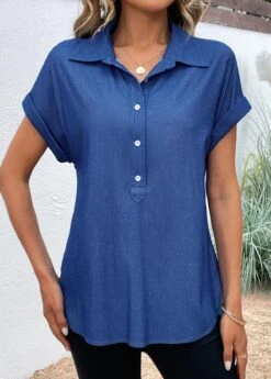 Button Shirt Collar Short Sleeve Denim Blue Blouse