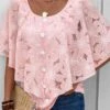 Button Round Neck Half Sleeve Pink Blouse -Rosewe Promotion Store 331877 P 16859293040732