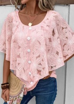 Button Round Neck Half Sleeve Pink Blouse