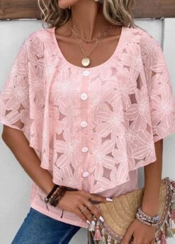 Button Round Neck Half Sleeve Pink Blouse -Rosewe Promotion Store 331877 P 16859293046710
