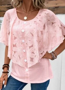 Button Round Neck Half Sleeve Pink Blouse -Rosewe Promotion Store 331877 P 16859293058473