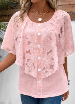 Button Round Neck Half Sleeve Pink Blouse -Rosewe Promotion Store 331877 P 16859293058914