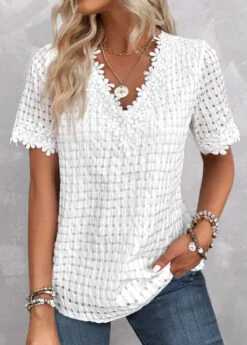 Embroidery V Neck Short Sleeve White Blouse