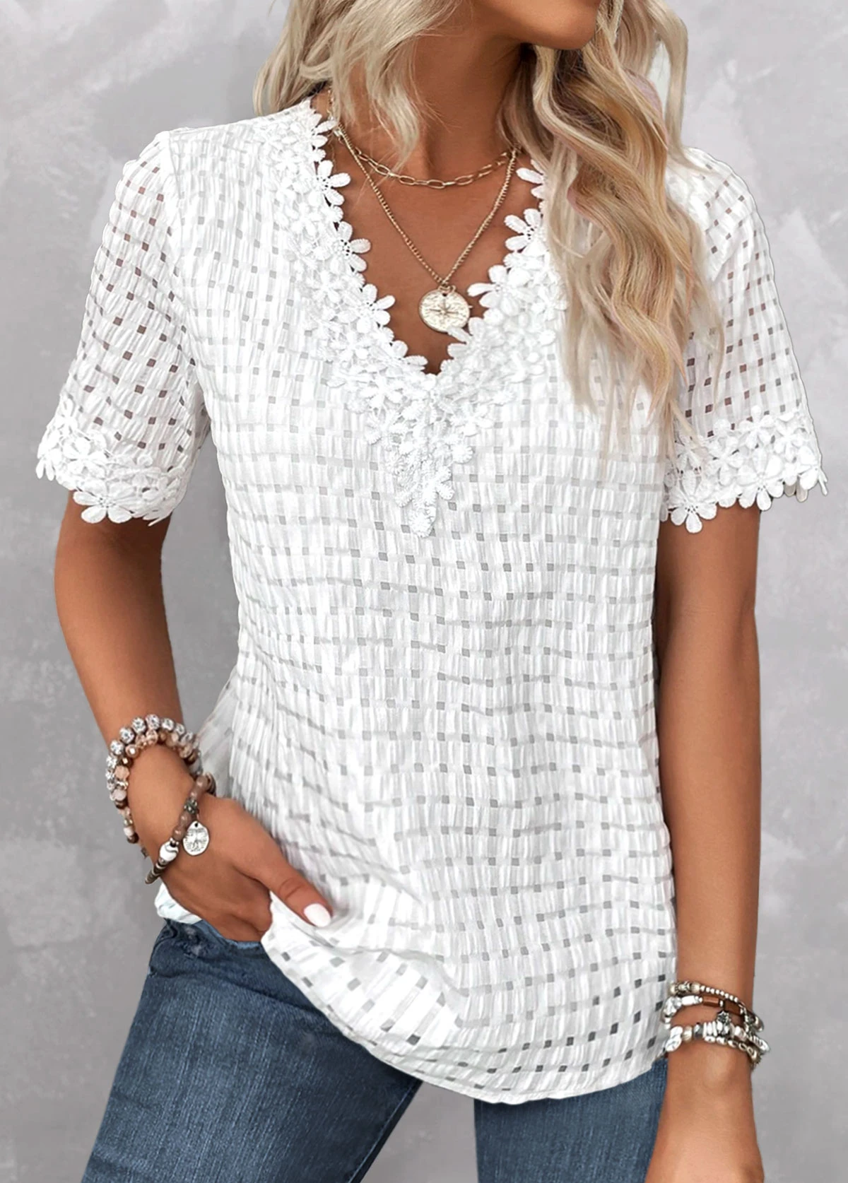 Embroidery V Neck Short Sleeve White Blouse 5 Embroidery V Neck Short Sleeve White Blouse - Image 3