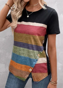 Plus Size Multi Color Patchwork Striped T Shirt -Rosewe Promotion Store 331902 P 1681729366219