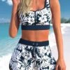 High Waisted Floral Print Zipper Navy Bikini Set -Rosewe Promotion Store 331911 P 1681715566974