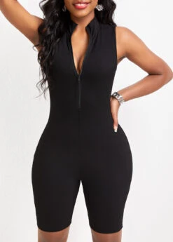 Zipper Black Short Sleeveless Skinny Romper