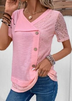 V Neck Patchwork Pink Short Sleeve Blouse -Rosewe Promotion Store 331959 P 16854384694392