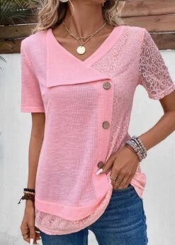 V Neck Patchwork Pink Short Sleeve Blouse