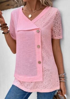 V Neck Patchwork Pink Short Sleeve Blouse -Rosewe Promotion Store 331959 P 16854384698183