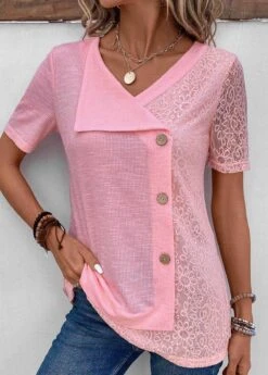 V Neck Patchwork Pink Short Sleeve Blouse -Rosewe Promotion Store 331959 P 16854384699224