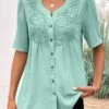 Split Neck Button Avocado Green Short Sleeve Blouse -Rosewe Promotion Store 331965 P 16848944100983
