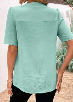 Split Neck Button Avocado Green Short Sleeve Blouse -Rosewe Promotion Store 331965 P 16848944101331