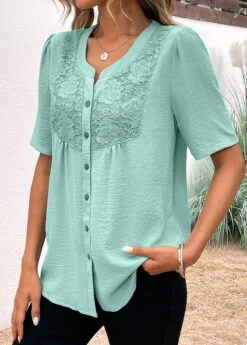 Split Neck Button Avocado Green Short Sleeve Blouse -Rosewe Promotion Store 331965 P 16848944108012