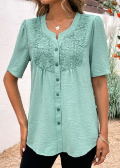 Split Neck Button Avocado Green Short Sleeve Blouse -Rosewe Promotion Store 331965 P 16848944109280