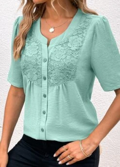 Split Neck Button Avocado Green Short Sleeve Blouse -Rosewe Promotion Store 331965 P 16848944109904