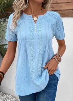 Split Neck Patchwork Light Blue Short Sleeve Blouse -Rosewe Promotion Store 331971 P 16854384582686