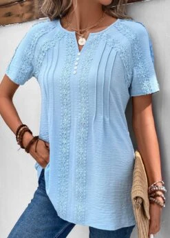 Split Neck Patchwork Light Blue Short Sleeve Blouse -Rosewe Promotion Store 331971 P 16854384582862