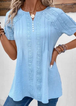 Split Neck Patchwork Light Blue Short Sleeve Blouse -Rosewe Promotion Store 331971 P 16854384585154