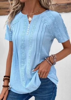 Split Neck Patchwork Light Blue Short Sleeve Blouse -Rosewe Promotion Store 331971 P 16854384585325