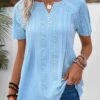 Split Neck Patchwork Light Blue Short Sleeve Blouse -Rosewe Promotion Store 331971 P 16854384588610