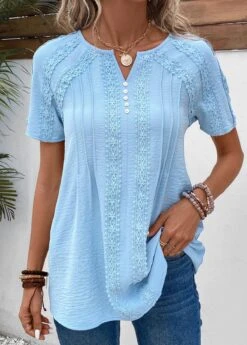 Split Neck Patchwork Light Blue Short Sleeve Blouse -Rosewe Promotion Store 331971 P 16854384589503