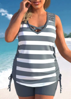 Mid Waisted Dark Grey Plus Size Striped Tankini Set