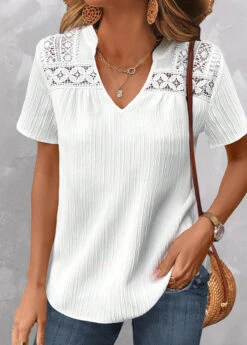 Plus Size White Lace Short Sleeve Blouse