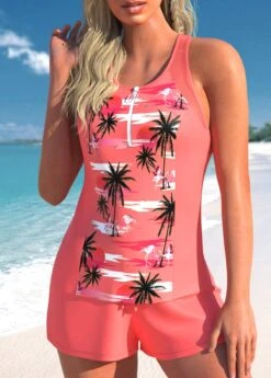 Mid Waisted Tropical Plants Print Zipper Tankini Set -Rosewe Promotion Store 332045 P 1681794383037