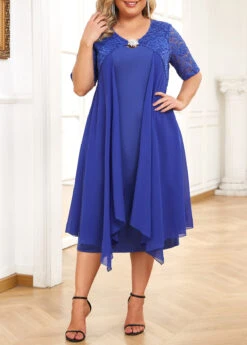 Blue Plus Size Patchwork Short Sleeve Bodycon Dress -Rosewe Promotion Store 332065 P 16881125182635