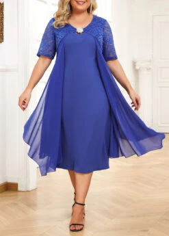 Blue Plus Size Patchwork Short Sleeve Bodycon Dress