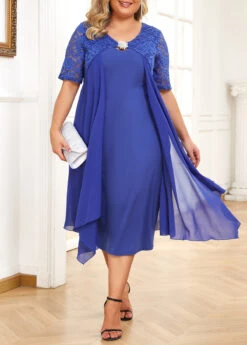 Blue Plus Size Patchwork Short Sleeve Bodycon Dress -Rosewe Promotion Store 332065 P 16881125188222