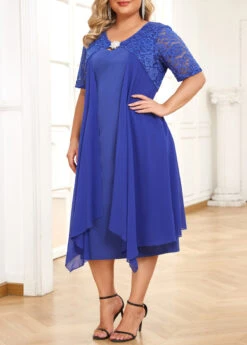 Blue Plus Size Patchwork Short Sleeve Bodycon Dress -Rosewe Promotion Store 332065 P 16881125189383