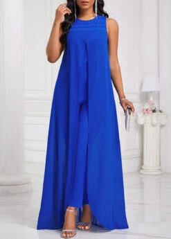 Patchwork Royal Blue Ankle Length Round Neck Jumpsuit