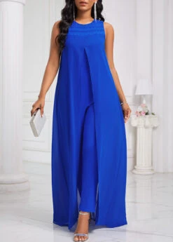 Patchwork Royal Blue Ankle Length Round Neck Jumpsuit -Rosewe Promotion Store 332084 P 16871378237783