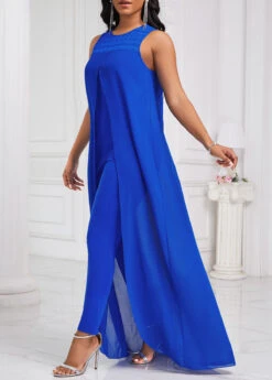 Patchwork Royal Blue Ankle Length Round Neck Jumpsuit -Rosewe Promotion Store 332084 P 16871378239012